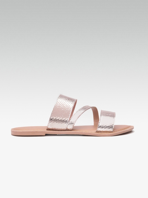 

DOROTHY PERKINS Women Rose Gold-Toned Snakeskin Textured Leather Open Toe Flats