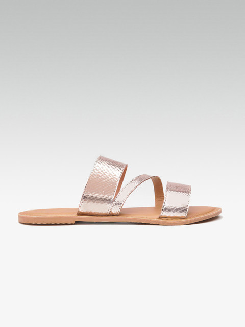 

DOROTHY PERKINS Women Rose Gold-Toned Snakeskin Textured Leather Open Toe Flats