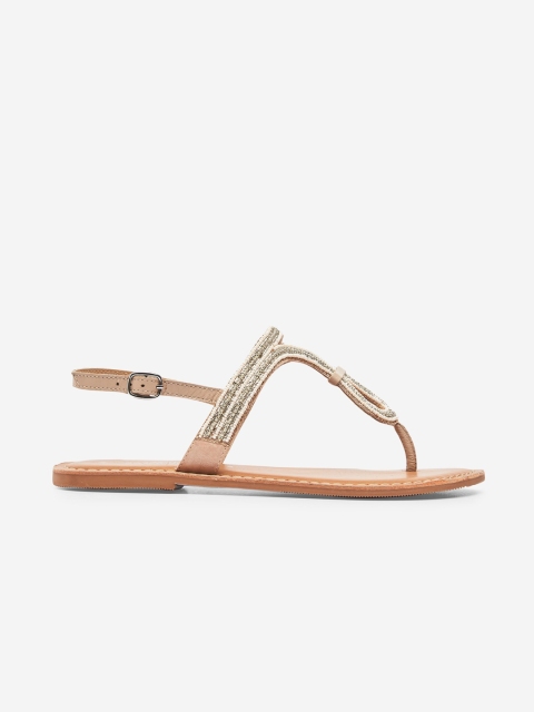 

DOROTHY PERKINS Women Peach-Coloured & Silver-Toned Embellished T-Strap Flats