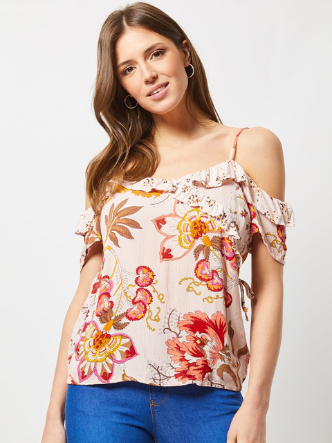 

DOROTHY PERKINS Women Peach-Coloured & Orange Printed Bardot Top