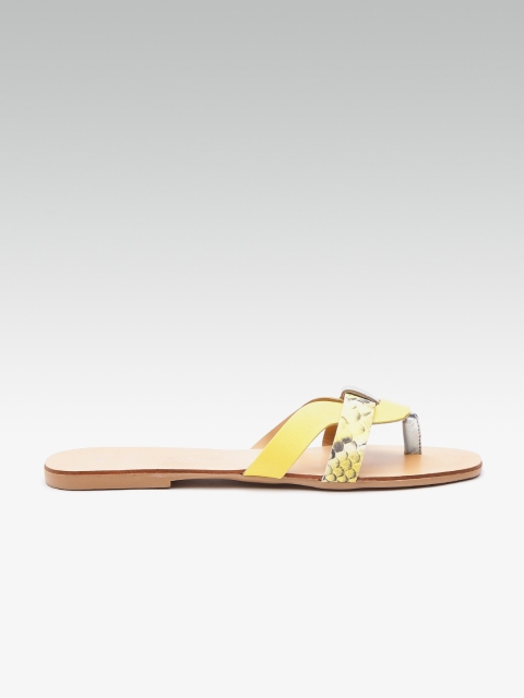 

DOROTHY PERKINS Women Yellow & Off-White Snakeskin Print Leather Open Toe Flats