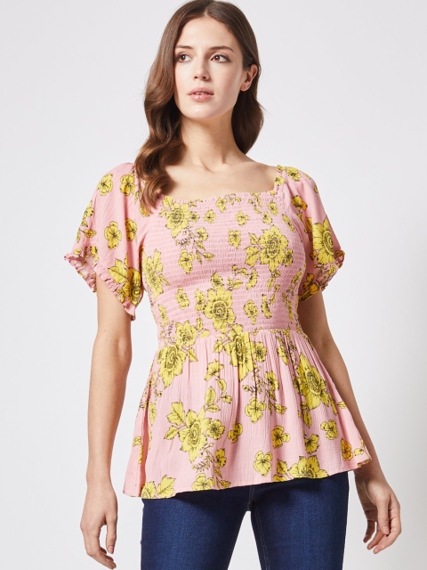 

DOROTHY PERKINS Women Pink & Yellow Printed Cinched Waist Top
