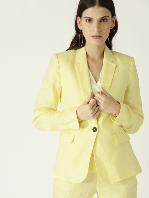 

MANGO Women Yellow Solid Single-Breasted Linen Casual Blazer