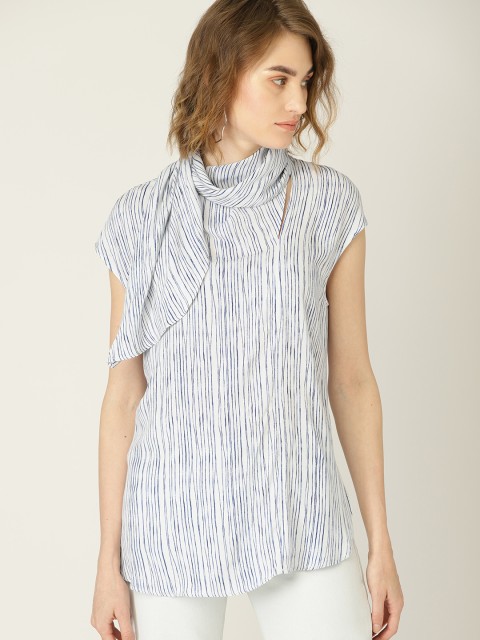 

MANGO Women White & Navy Blue Striped Layered Top