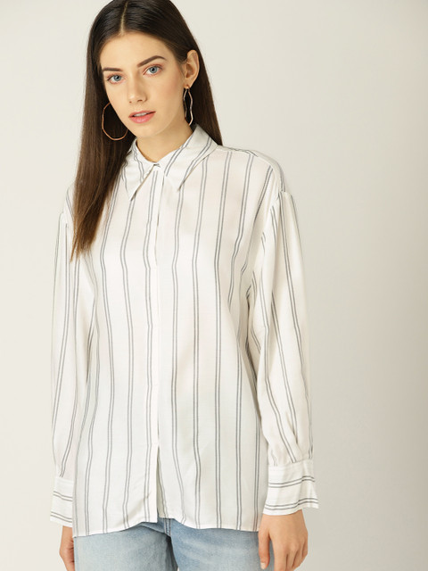 

MANGO Women White & Black Striped Shirt Style Top