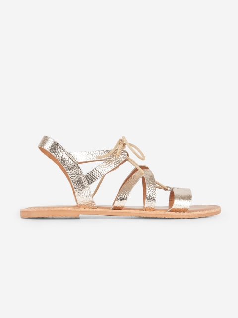 

DOROTHY PERKINS Women Rose Gold-Toned Textured Leather Open Toe Flats
