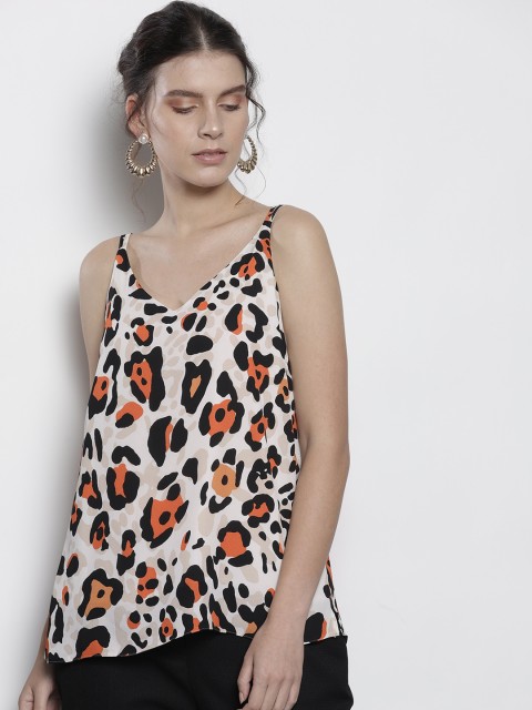 

DOROTHY PERKINS Women Cream-Coloured & Black Animal Print A-Line Top