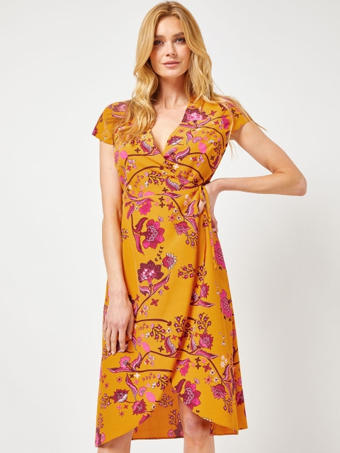 

DOROTHY PERKINS Women Mustard & Maroon Floral Print Wrap Dress