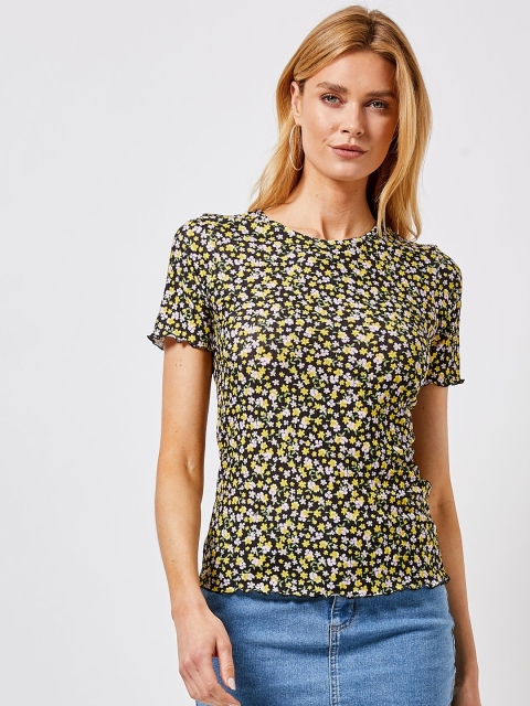 

DOROTHY PERKINS Women Black & Yellow Printed Round Neck T-shirt