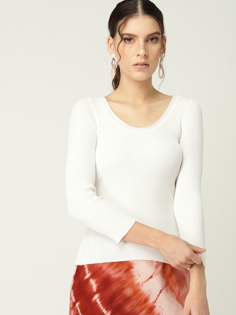 

MANGO Women White Self-Striped Fitted Top