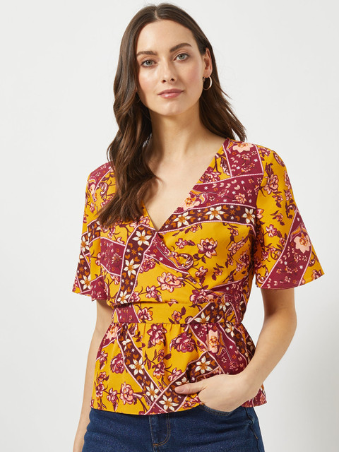 

DOROTHY PERKINS Women Mustard Yellow & Pink Printed Wrap Top