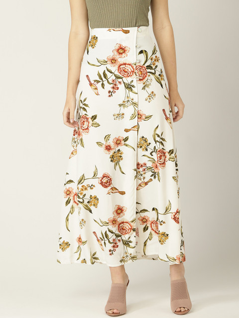 

MANGO Women White & Peach-Coloured Printed A-line Skirt