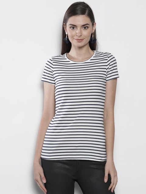 

DOROTHY PERKINS Women White & Navy Blue Striped Round Neck T-shirt