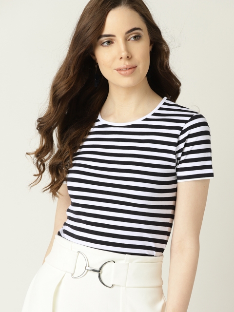 

MANGO Women White & Black Striped Round Neck T-shirt