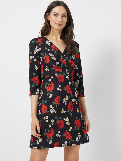 

DOROTHY PERKINS Women Black & Red Floral Printed Wrap Dress