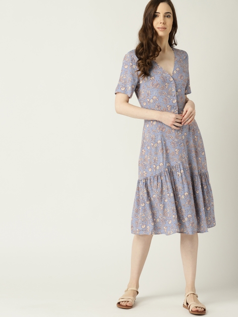 

MANGO Women Blue & Off-White Printed A-Line Dress