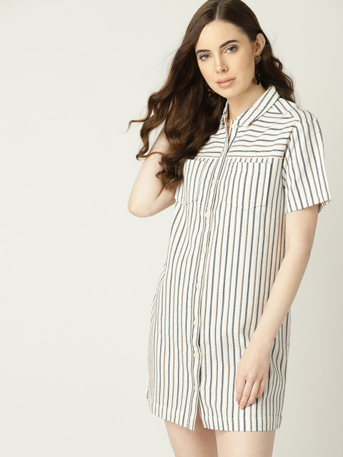 

MANGO Women Off-White & Black Striped Shirt Dress