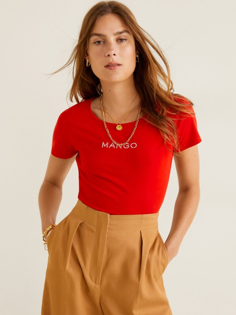

MANGO Women Red Brand Logo Embroidered Pure Cotton Round Neck T-shirt
