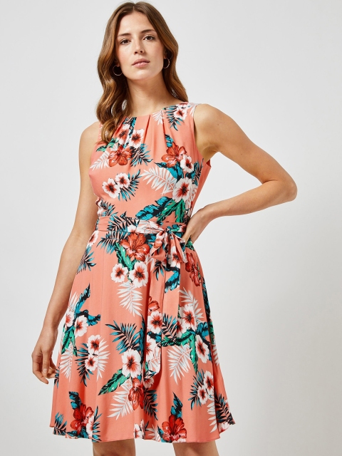 

DOROTHY PERKINS Women Coral Pink & Blue Floral Print Fit & Flare Dress