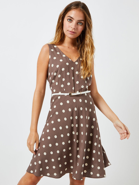 

DOROTHY PERKINS Women Brown & Off-White Polka Dots Print Fit & Flare Dress