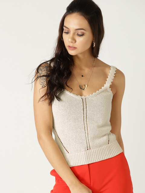 

MANGO Women Beige Self-Design Fitted Sweater Top