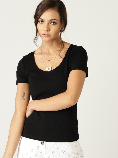 

MANGO Women Black Self-Striped Scoop Neck T-shirt