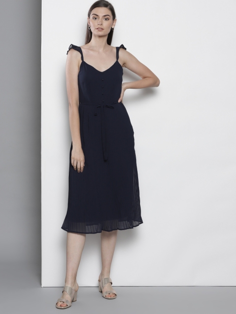 

DOROTHY PERKINS Women Navy Blue Solid Accordion Pleats A-Line Dress