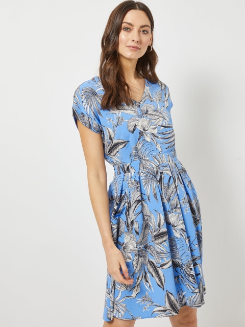 

DOROTHY PERKINS Women Blue & Grey Tropical Print Fit & Flare Dress