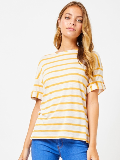 

DOROTHY PERKINS Women Petite Off-White & Mustard Yellow Striped Boat Neck T-shirt