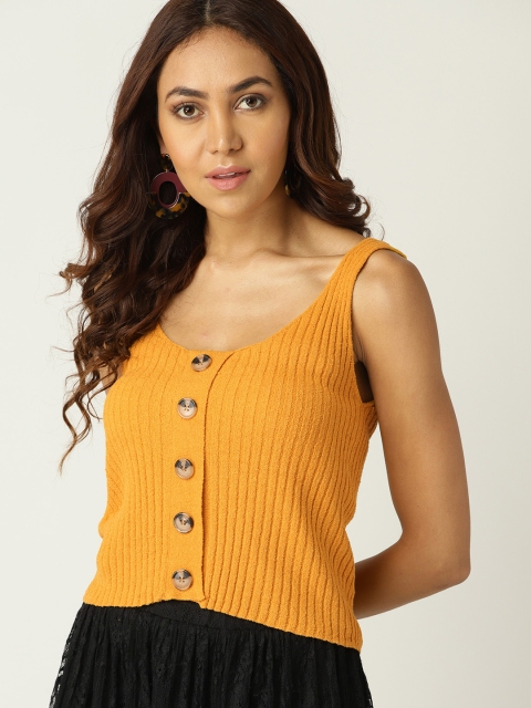 

MANGO Women Mustard Yellow Self-Striped Crop Top