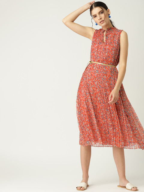 

MANGO Women Coral Orange & Blue Printed Accordian Pleated A-Line Dress