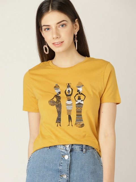 

MANGO Women Mustard Yellow Printed Round Neck T-shirt