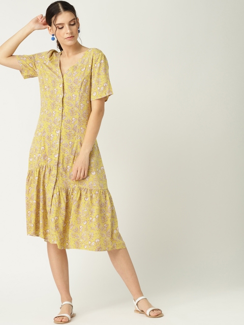 

MANGO Women Mustard Yellow & White Floral Printed A-Line Dress