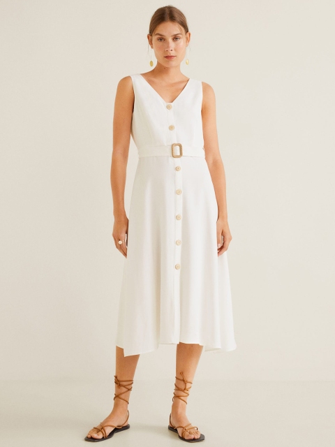 

MANGO Women White Solid Midi A-Line Dress