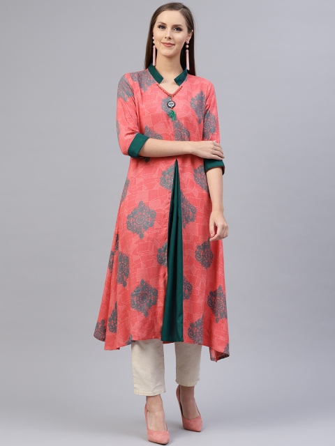 

Shree Women Pink & Teal Blue Printed Asymmetric A-Line Kurta