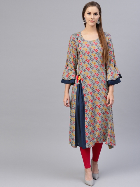 

Shree Women Grey & Navy Blue Floral Printed A-Line Kurta