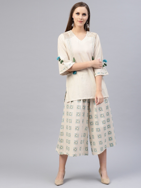 

Shree Women Off-White & Blue Solid Kurti with Cullotes