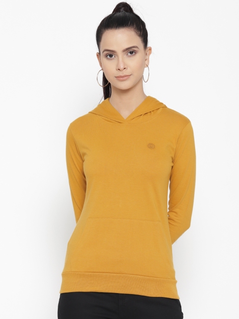 

Chkokko Women Mustard Yellow Solid Hooded Sweatshirt
