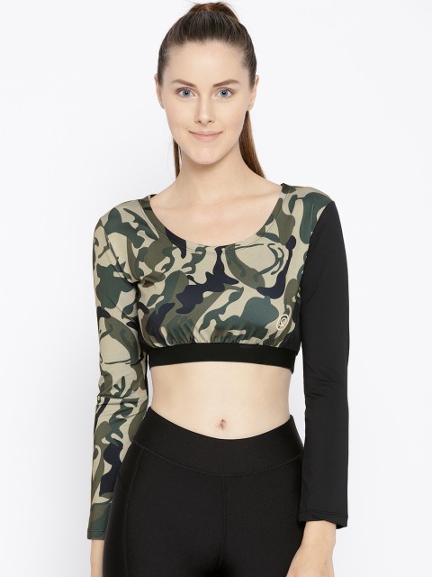 

Chkokko Women Green & Black Camouflage Print Crop Top