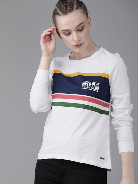 

Roadster Women White & Navy Blue Colourblocked Round Neck T-shirt