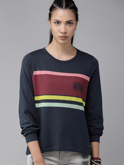 

Roadster Women Navy Blue & Maroon Striped Round Neck T-shirt