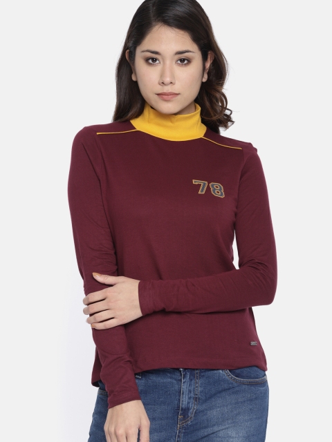 

Roadster Women Burgundy Solid High Neck T-shirt