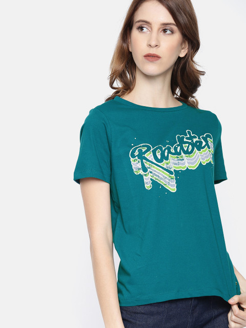 

Roadster Women Teal Blue Printed Round Neck T-shirt