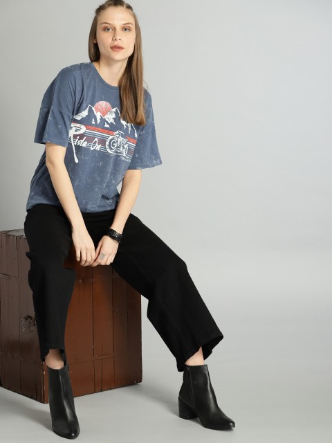 

Roadster Women Blue Printed Round Neck T-shirt