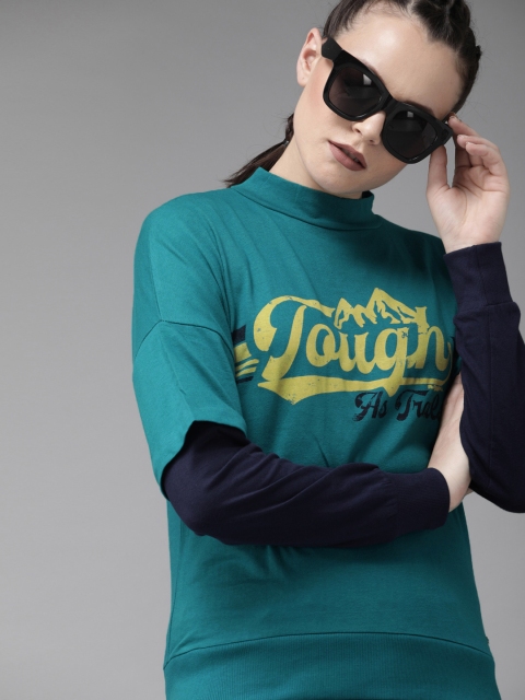 

Roadster Women Teal Blue Printed Round Neck T-shirt With Doctor Sleeves