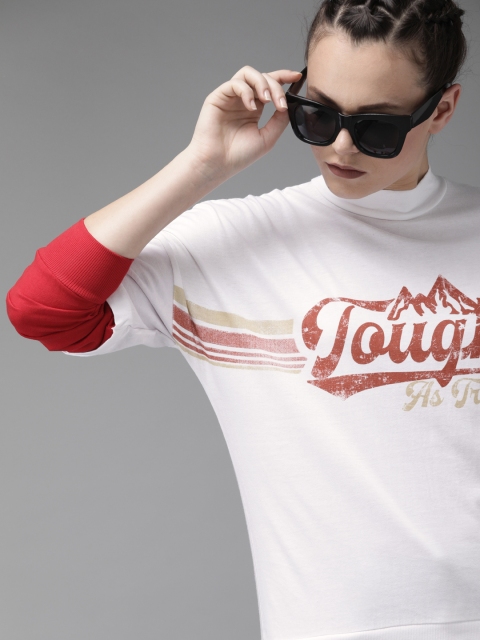 

Roadster Women White Printed High Neck T-shirt With Doctor Sleeves