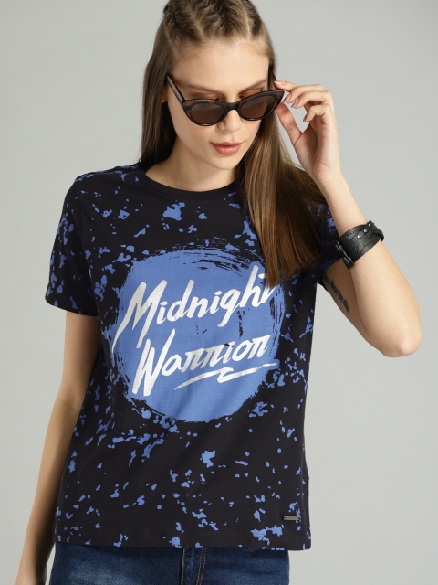 

Roadster Women Black & Blue Printed Round Neck T-shirt