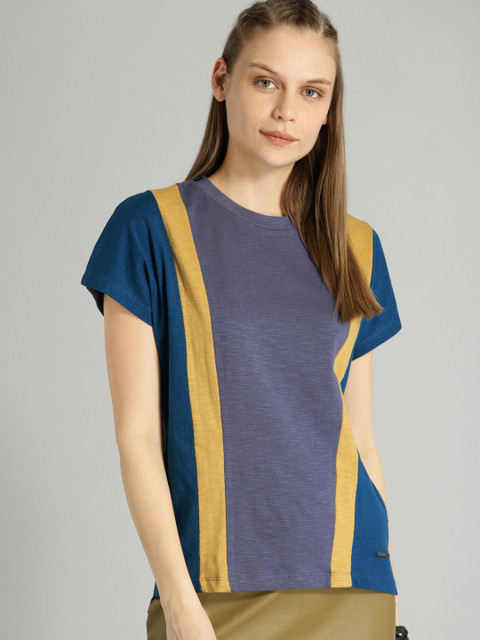

Roadster Women Blue & Mustard Yellow Colourblocked Round Neck T-shirt