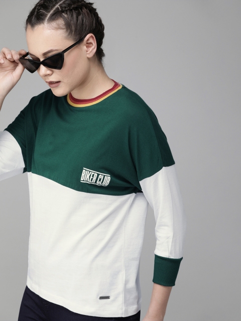 

Roadster Women White & Teal Green Colourblocked Round Neck T-shirt