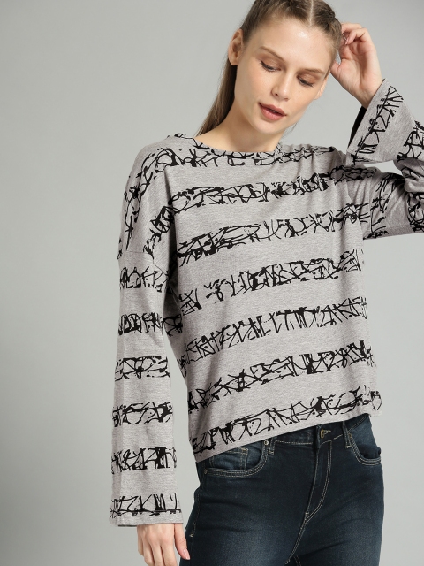 

The Roadster Lifestyle Co Women Grey Melange & Black Striped Round Neck T-shirt